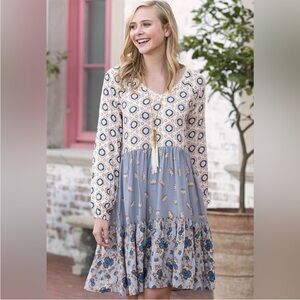 Matilda Jane Blue and Cream Patterned Long Sleeve Dress with Pockets